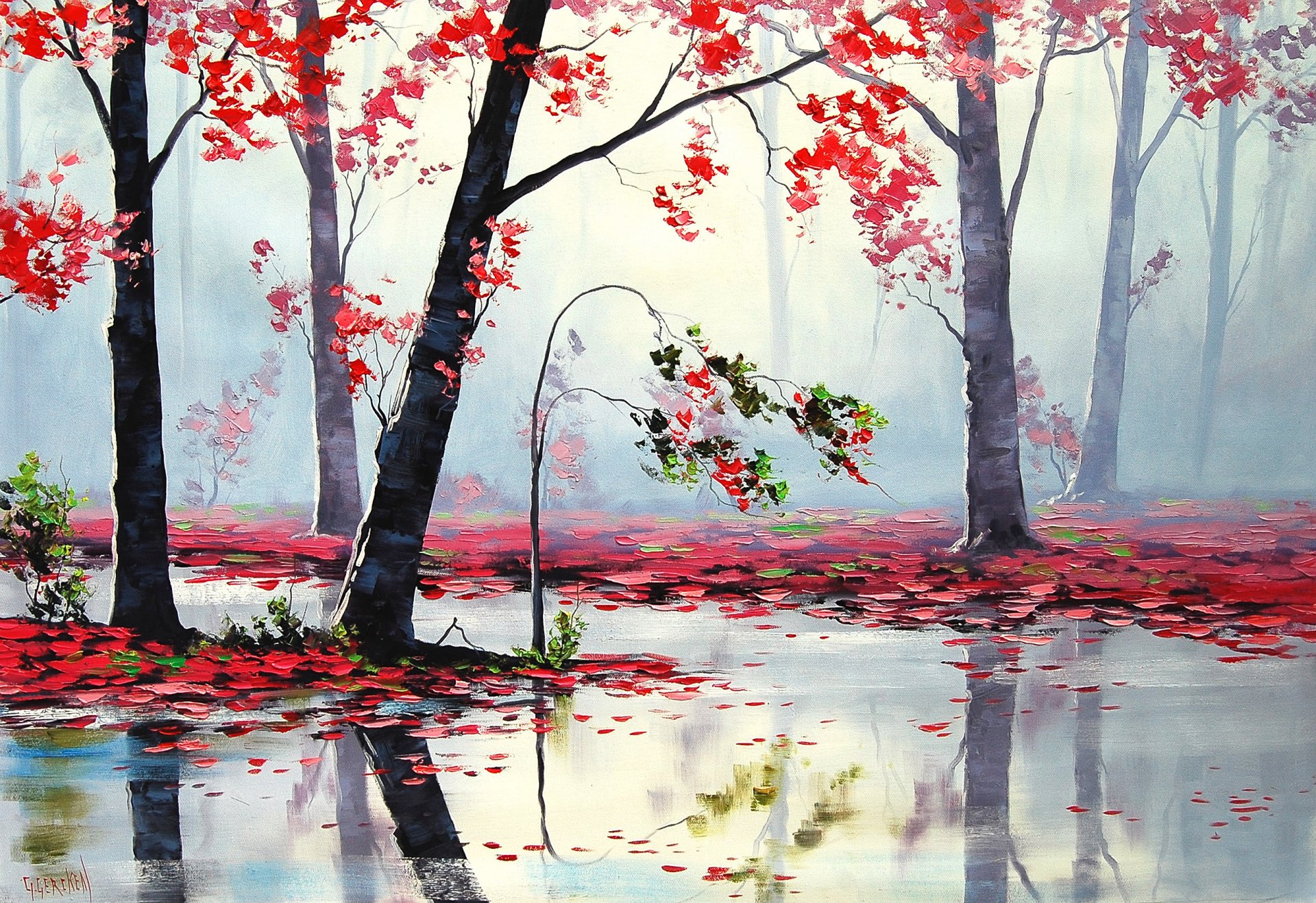 arte autunno fiume alberi rosso