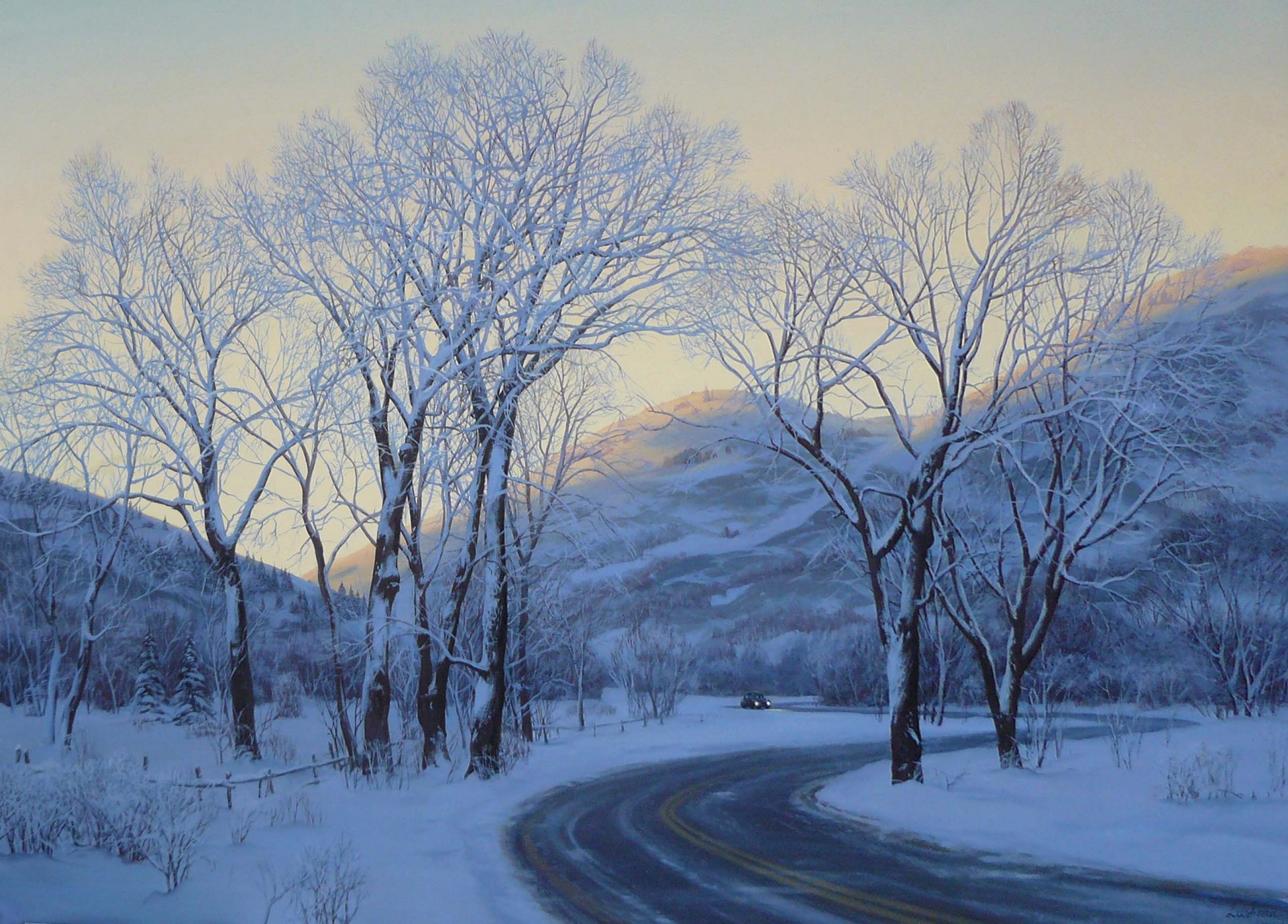 city park eugene lushpin painting art lushpin winter snow road car evening trees eugene lushpin landscape lushpin winter car mountain