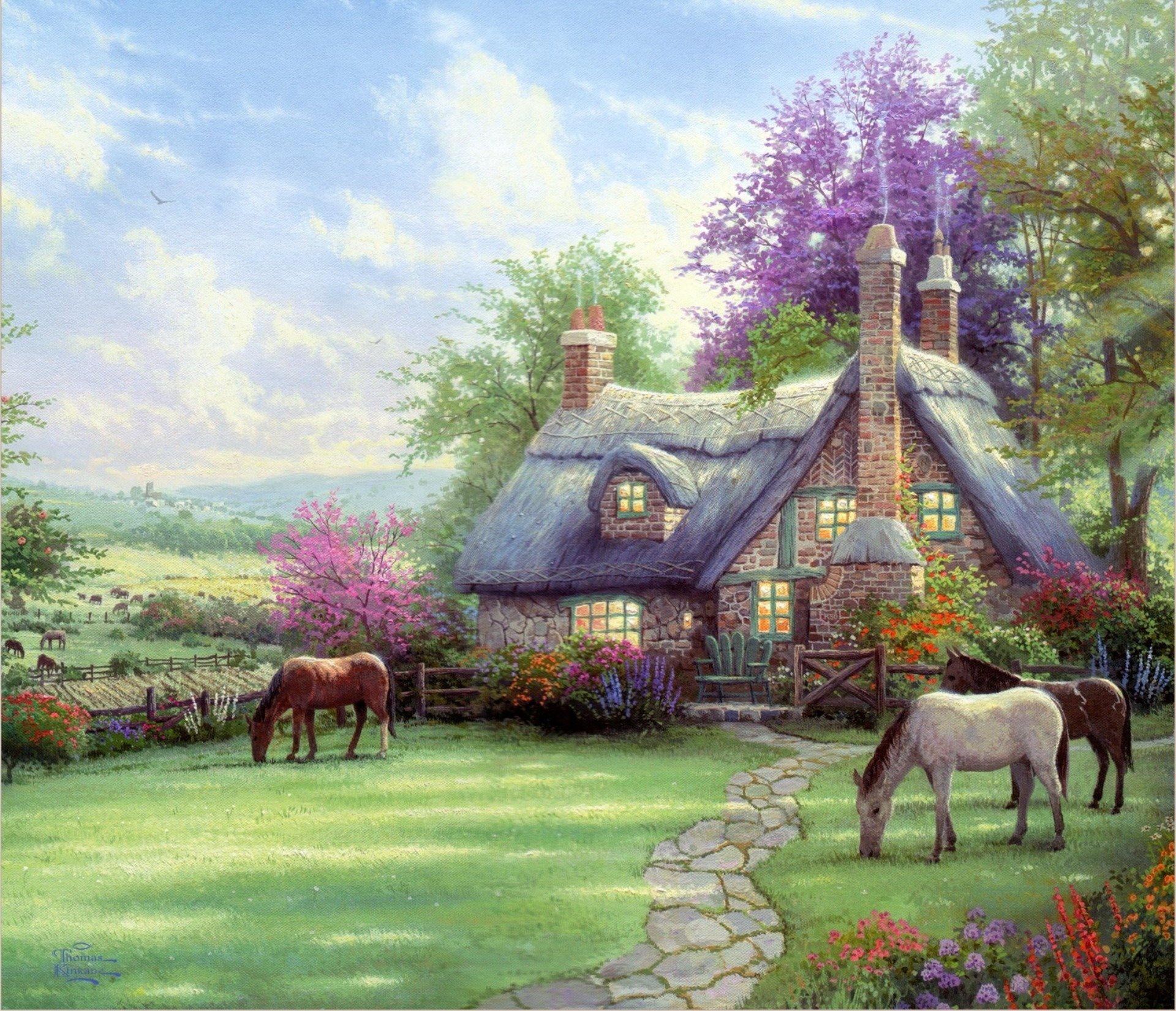 a perfect summer day thomas kincaid painting house horses nature