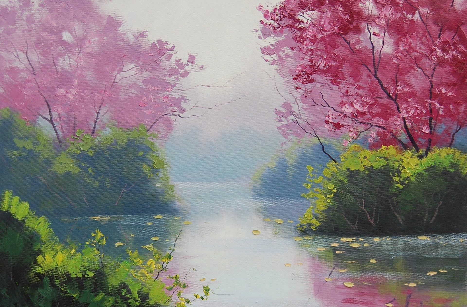 arte artsaus paesaggio alberi fioritura lago foglie acqua tela riflessione