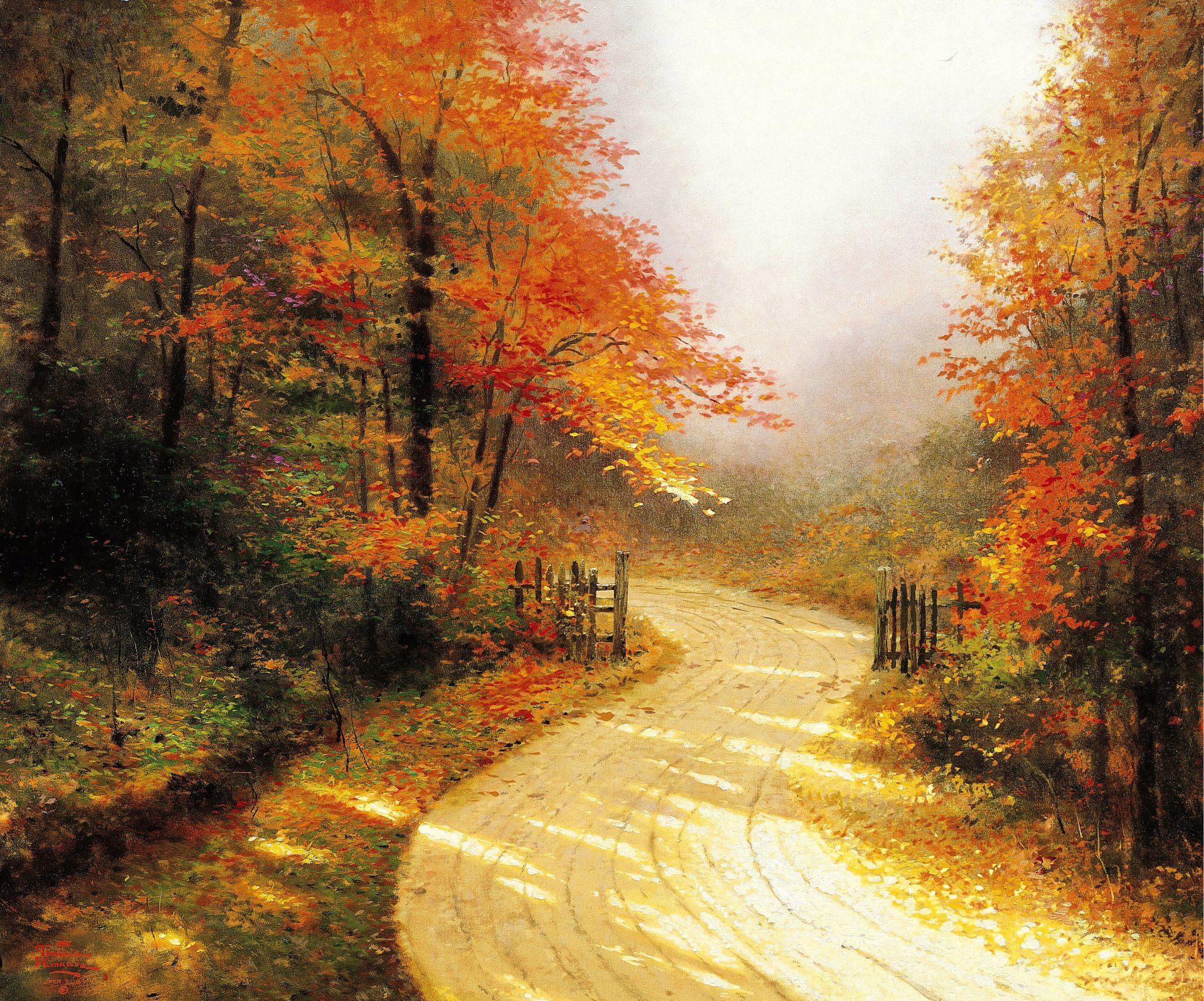 automne lane thomas kincaid peinture or automne route forêt