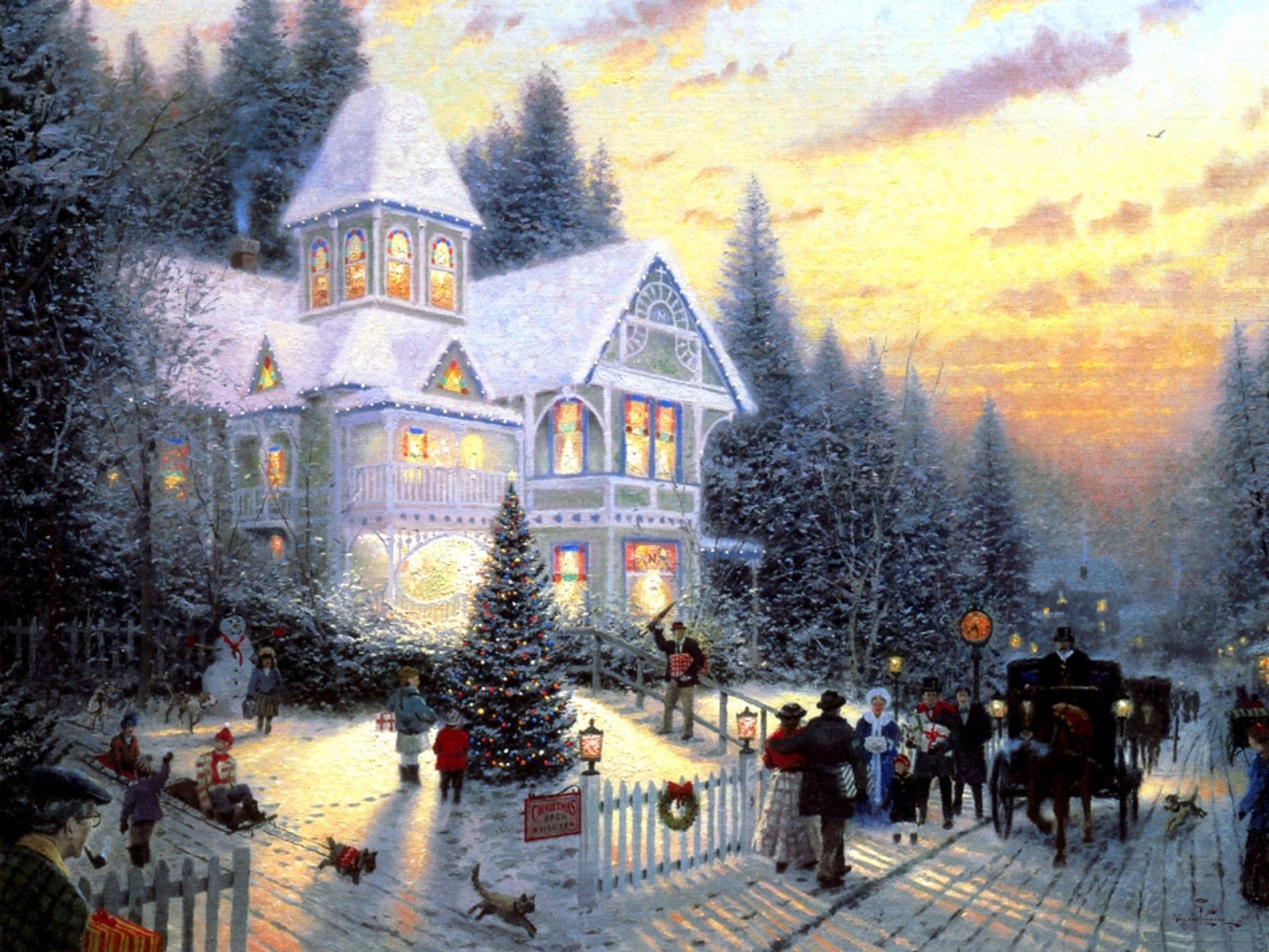 navidad victoriana thomas kinkade cabaña árbol de navidad navidad año nuevo diversión vacaciones vacaciones celebración saludos pintura pintura caballo carro carruaje personas regalos paseo luces abeto muñeco de nieve perro gato niños