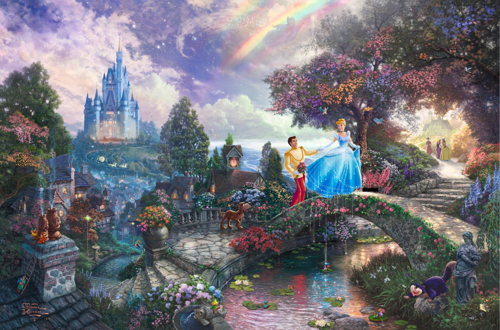 cendrillon souhaite upon a dream thomas kincaid walt disney film art peinture cendrillon prince château pont conte de fées prince disney pont fée