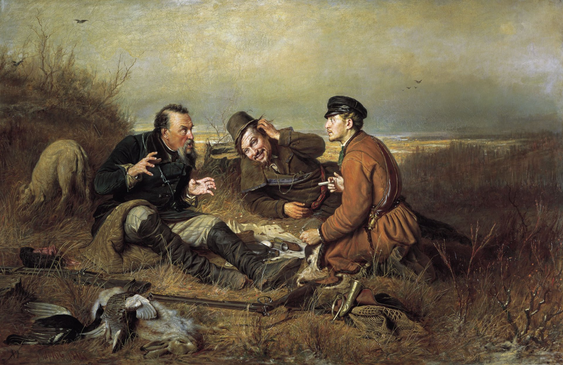 hunters at rest perov landscape autumn dog duck hunt russia