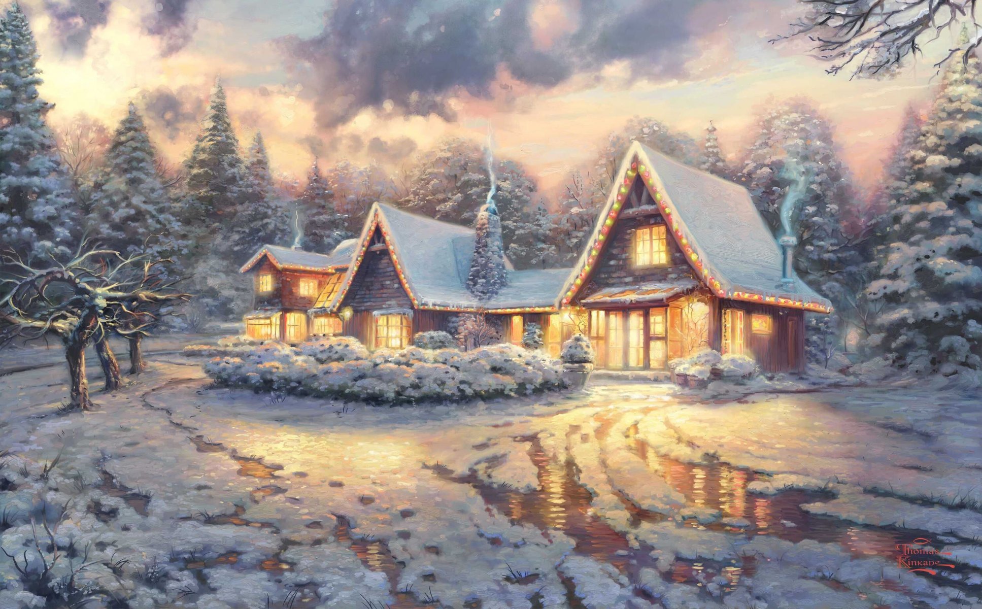 noël lodge art film cinéma thomas kinkade thomas kinkade cadeaux maison hiver neige glace chalet peinture nouveau peinture maison de noël maisons hiver lumière fumée nuages homonyme