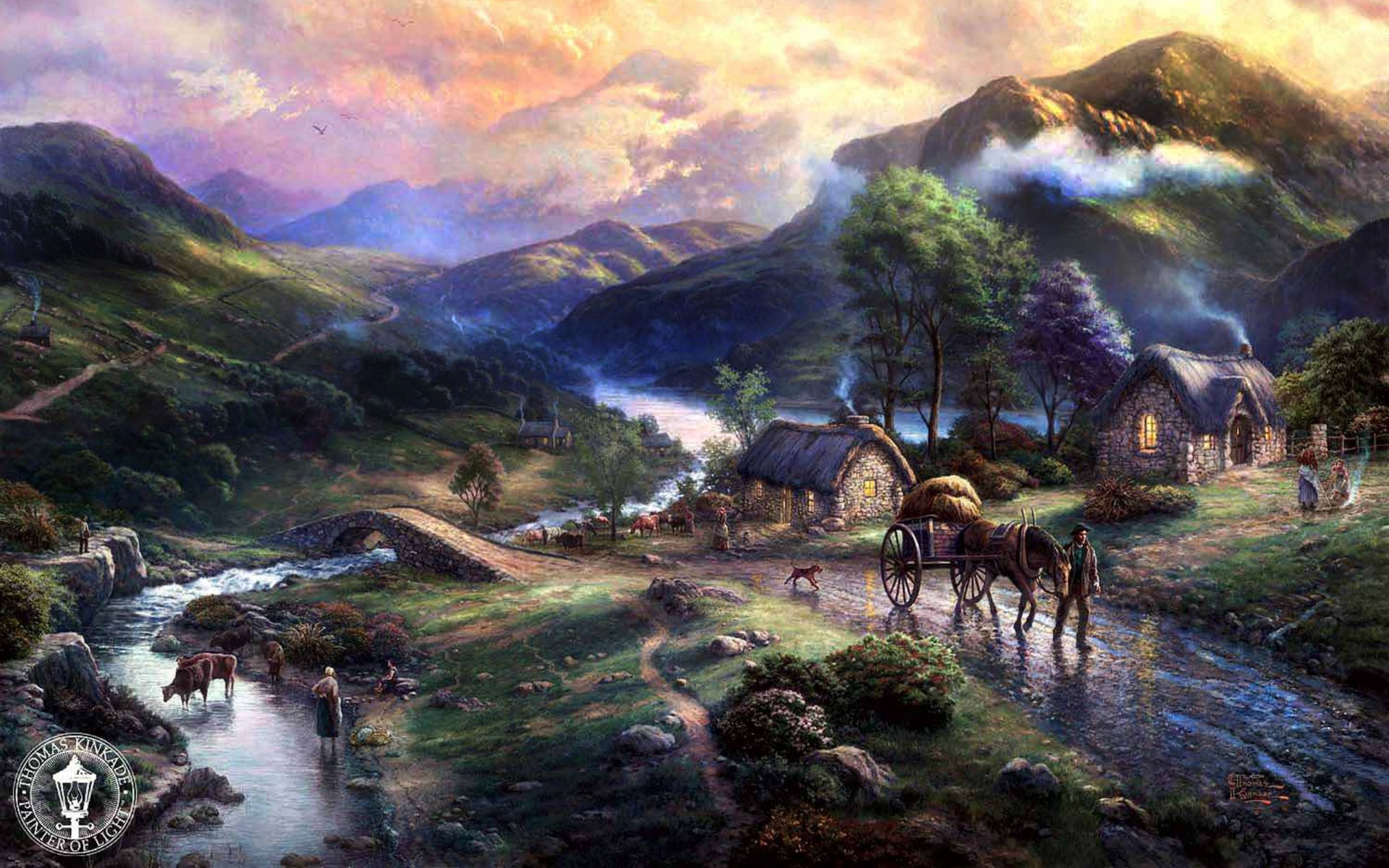 emeraldvalley thomas kincaid arte montañas animales puente perro casas lago naturaleza río valle pintura pueblo animales