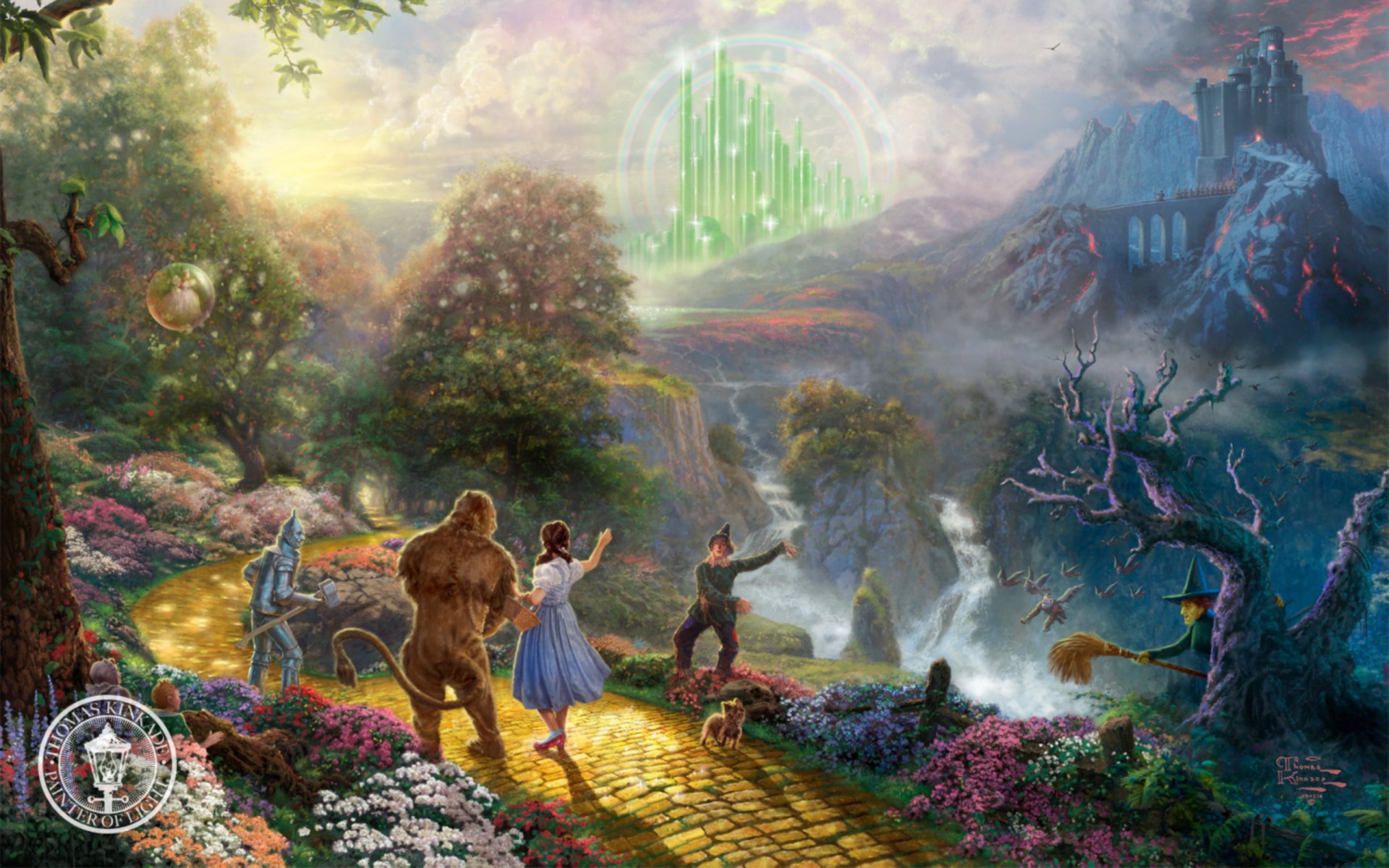 dorothy discovers the emerald city painting thomas kinkade the wizard of oz film fantasy castle entertainment cartoon characters dorothy dog toto scarecrow tin woodman the cowardly lion wicked witch disney