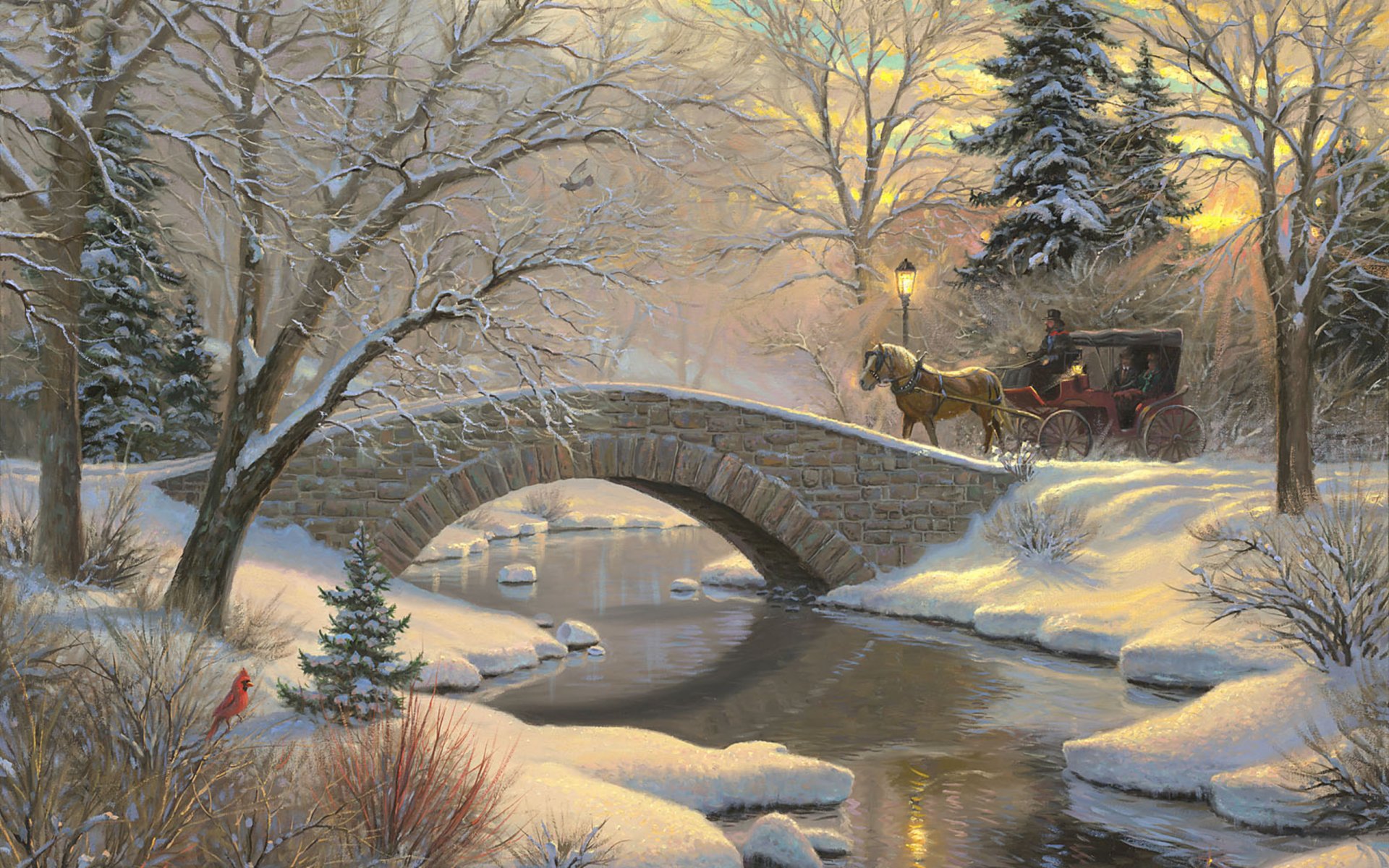 noche de vacaciones románticas mark kitley pintura arte invierno bosque río invierno iridiscente nieve abeto pájaro puente linterna caballo carruaje árbol de navidad puesta del sol