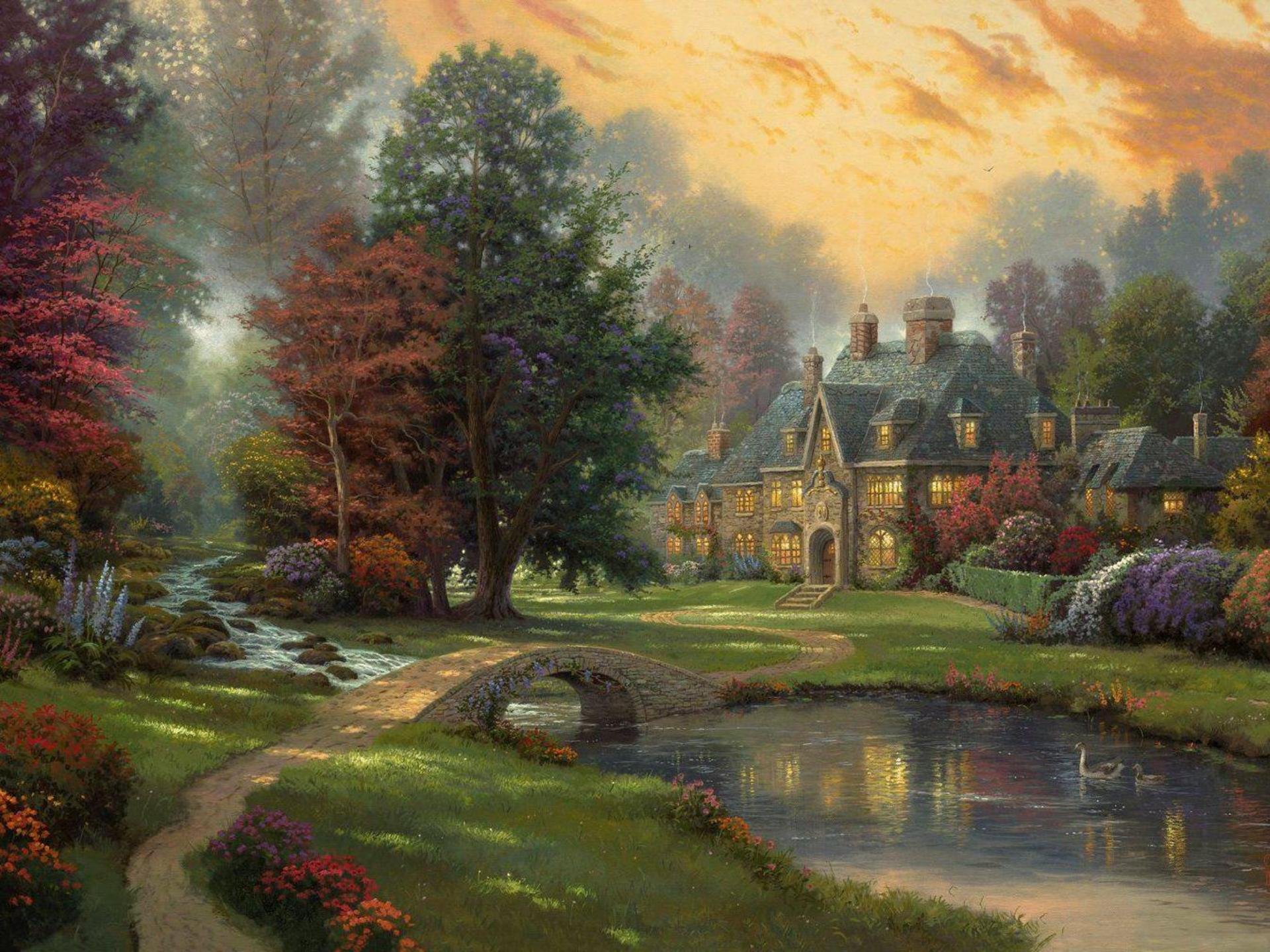 paisaje thomas kinkade pintura casa de campo río patos puente árboles puesta de sol