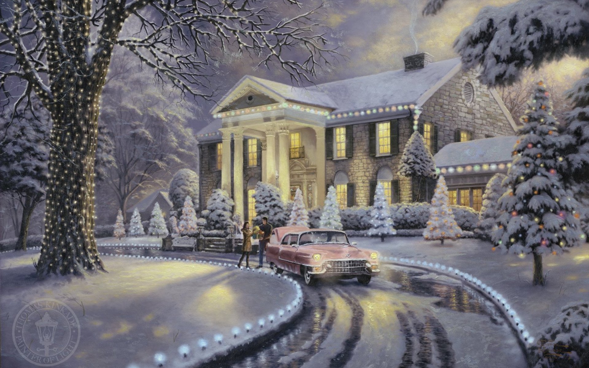 weihnachten in graceland thomas kincaid malerei urlaub weihnachten weihnachtsbaum auto schnee laternen haus villa auto retro geschenke weihnachtsbaum girlanden lichter frost fabelhaft schön