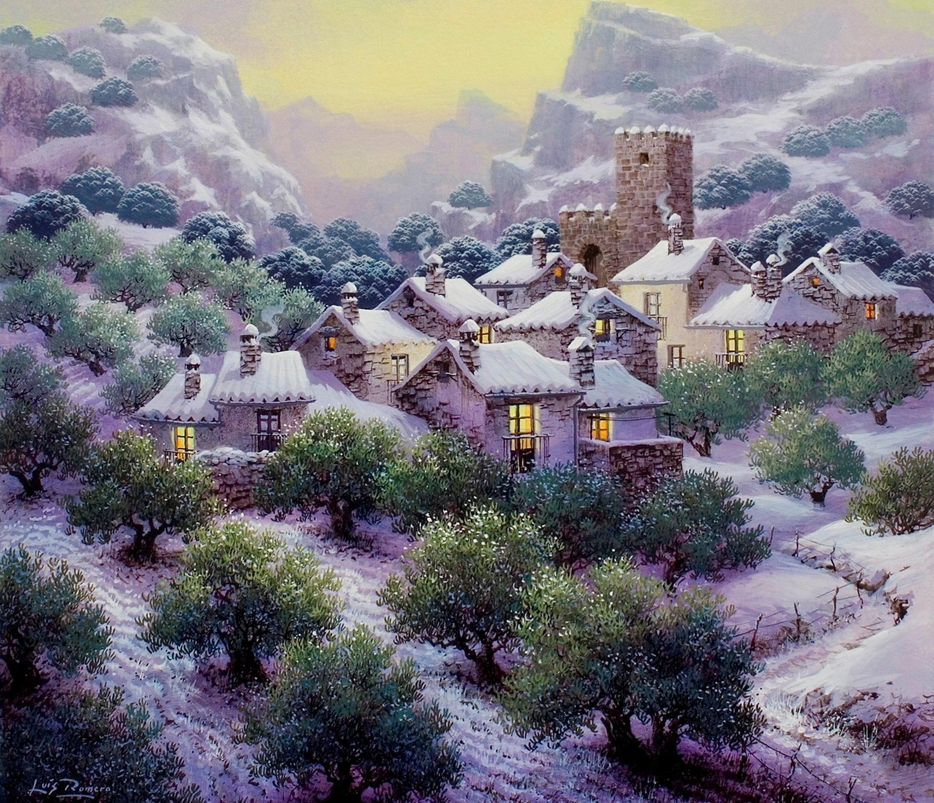 niiv en los olivares luis romero pintura nieve en el olivar nieve montañas casas olivos árboles plantación