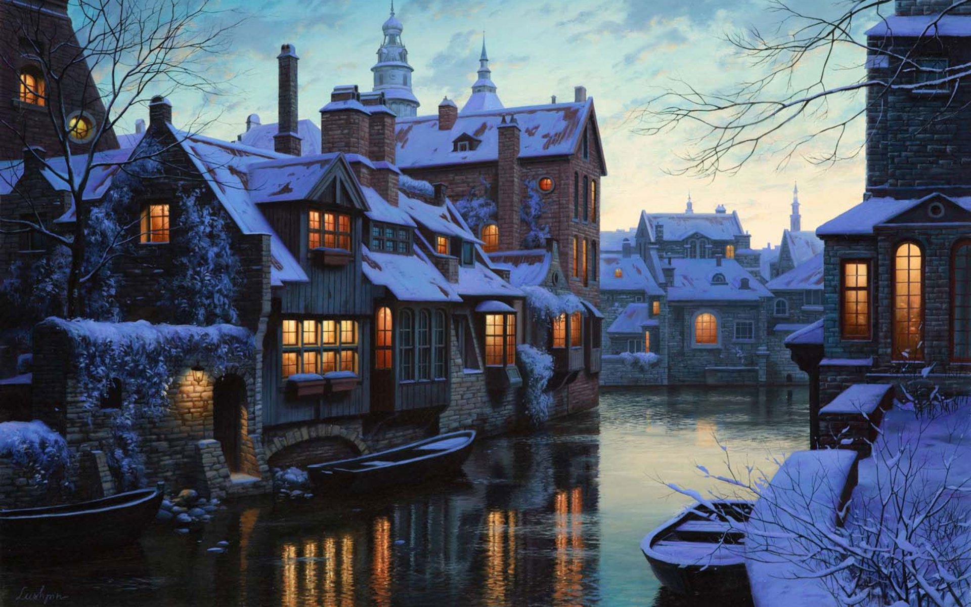 eugène lushpin crépuscule à bruges peinture eugène lushpin belgique bruges crépuscule neige hiver maisons lanternes rivière bateaux lushpin hiver