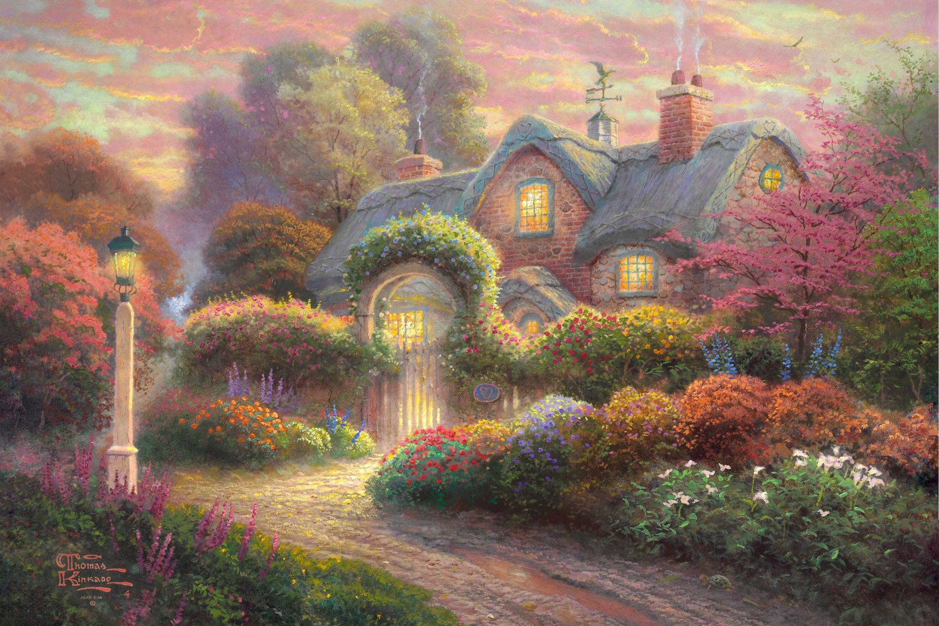 rose bourgeon cottage thomas kincaid peinture chalet fleurs jardin lanterne girouette