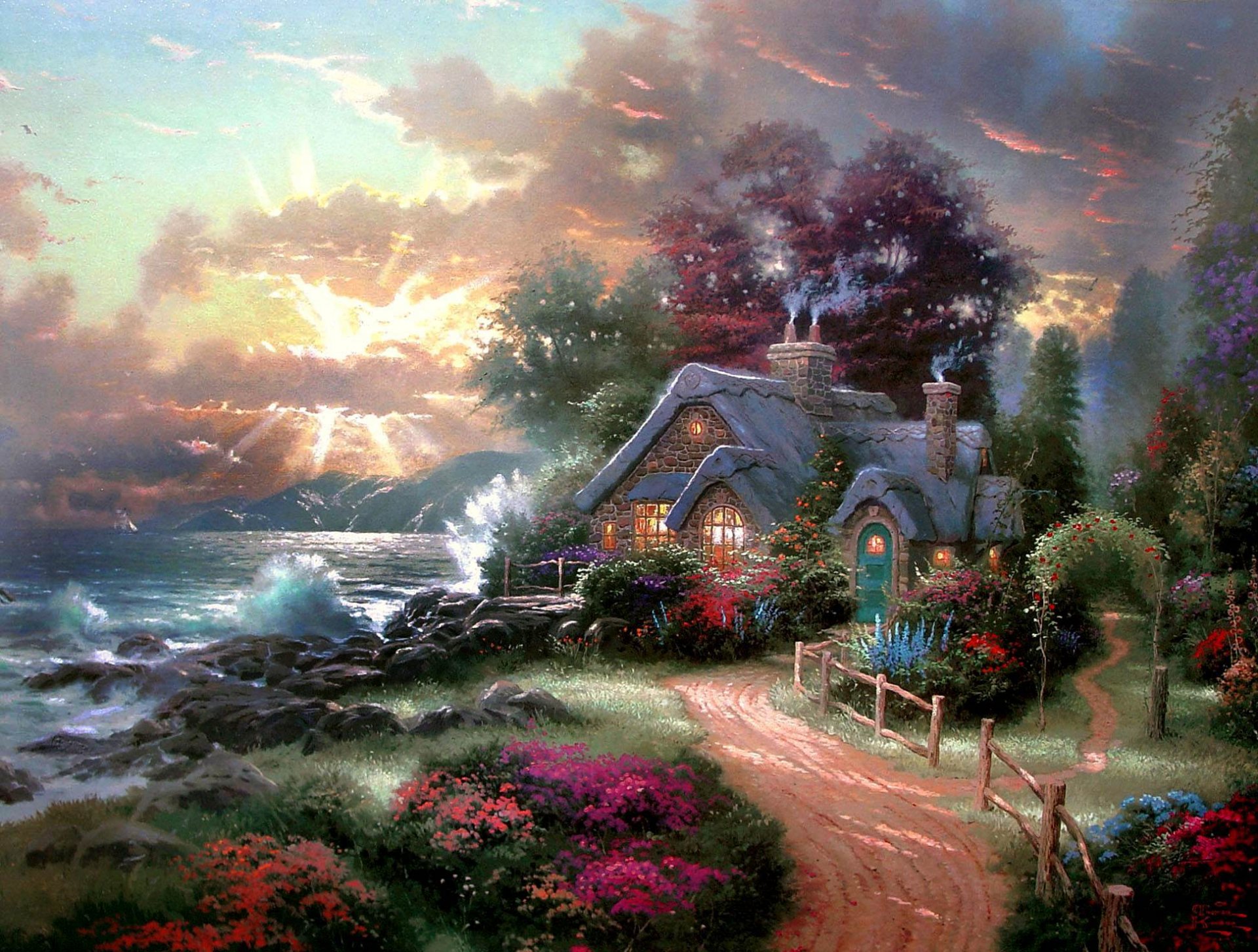 a new day dawning thomas kinkade dawn morning sea of the waves the sea cottage