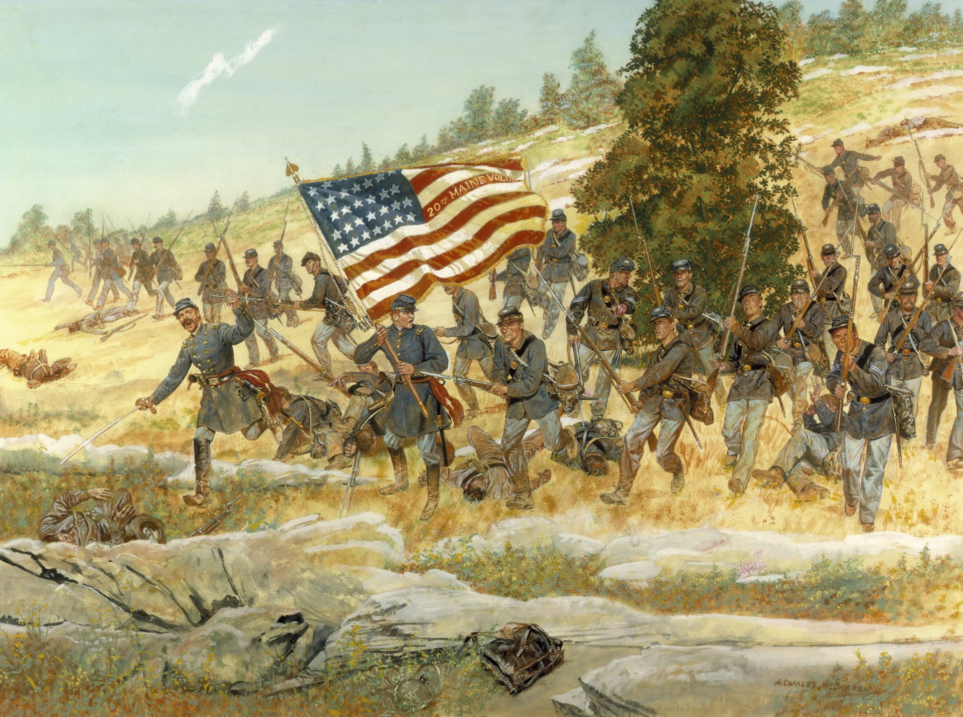 twentieth maine americans running gettysburg pennsylvania july 2 1863..the battle of gettysburg the largest kavboi flag america