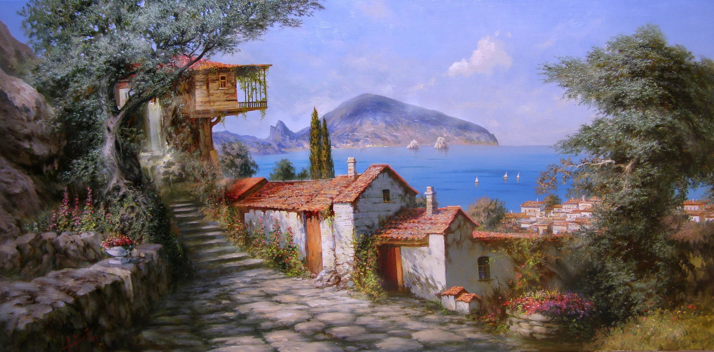 milyukov alexander sole gurzuf crimea mare vela case montagna fiori gioia estate albero immagine pittura bellezza paradiso