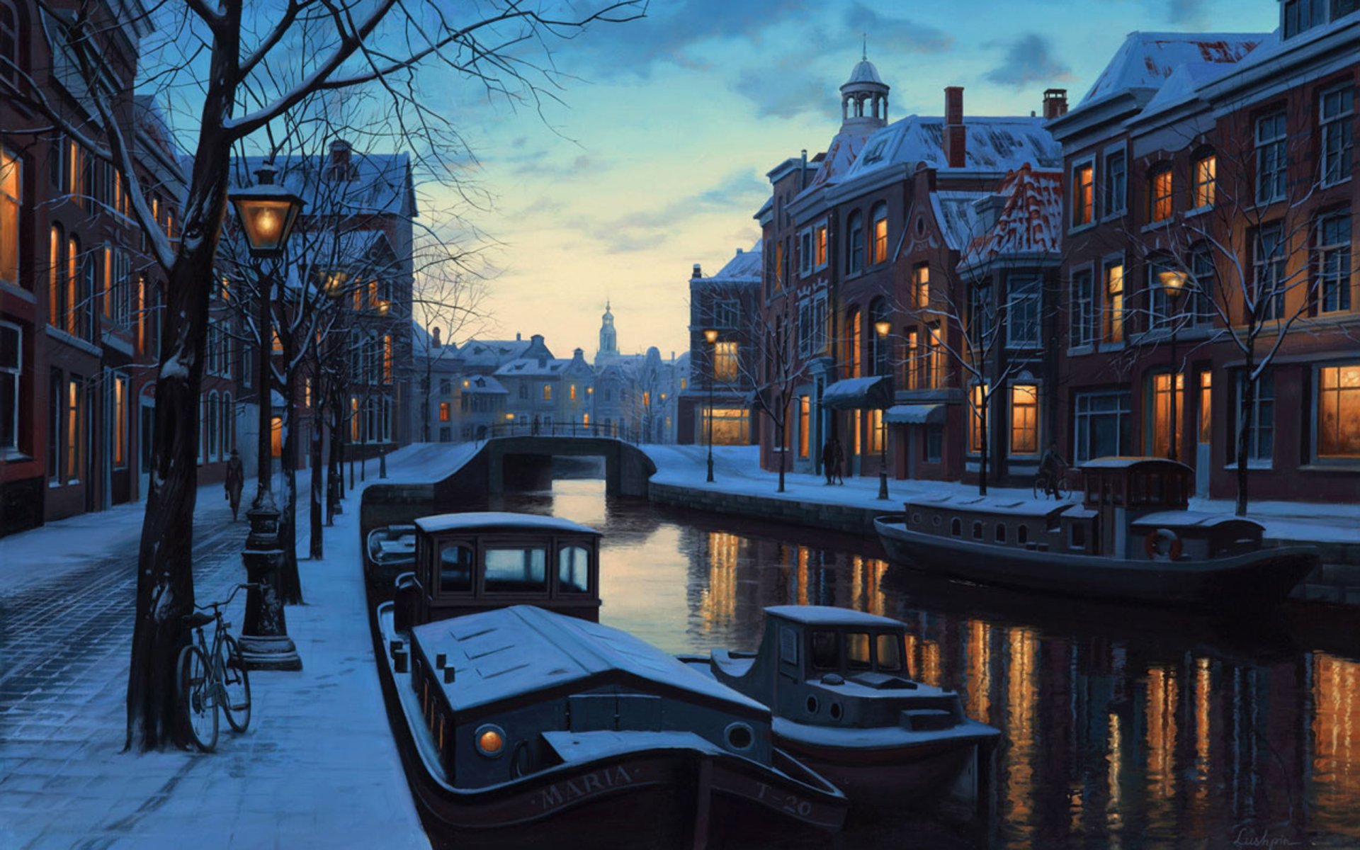 winter twilight eugene lushpin painting amsterdam netherlands holland boats evening lanterns snow lushpin river twilight winter eugene lushpin lushpin winter houses bridge bicycle light