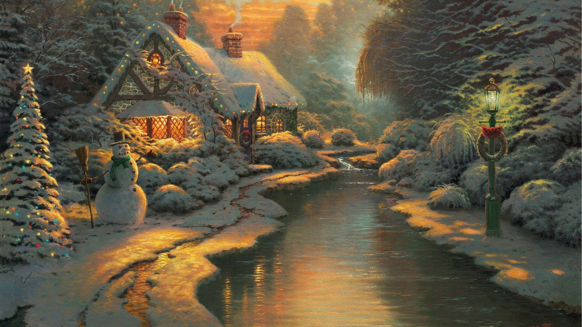 paysage thomas kincaid noël fête de noël nouvel an maison féerique bonhomme de neige rivière lanterne lumières lumière dans la fenêtre forêt hiver neige dessin peinture