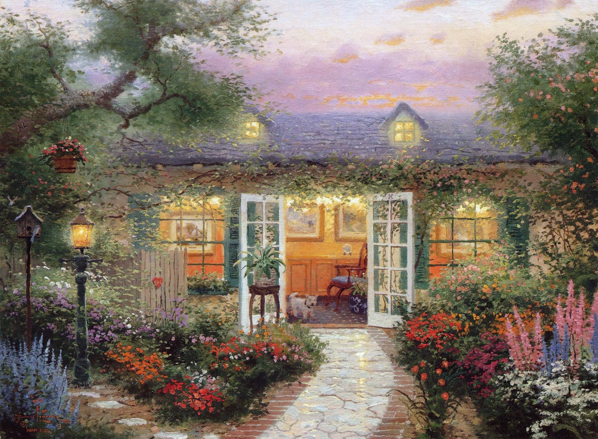 thomas kincaid kincaid été chalet maison véranda chien peinture peinture fleurs lanterne lumière soirée coucher de soleil fenêtre porte ouvert confort chaleur silence calme oiseaux harmonie