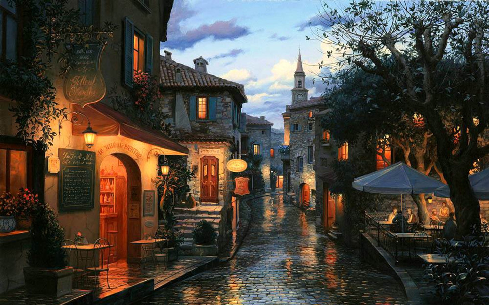 magic evening eugene lushpin painting evening street club umbrellas houses chapel eugene lushpin lushpin european town cafe bar tables umbrellas clock