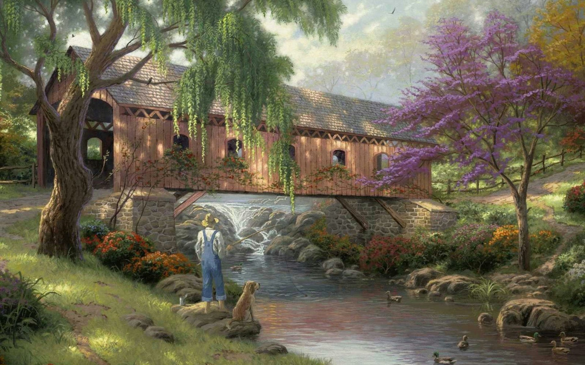 vieux fishin hole thomas kincaid peinture art pont rivière nature canard pêcheur pêche intérieur canards chien