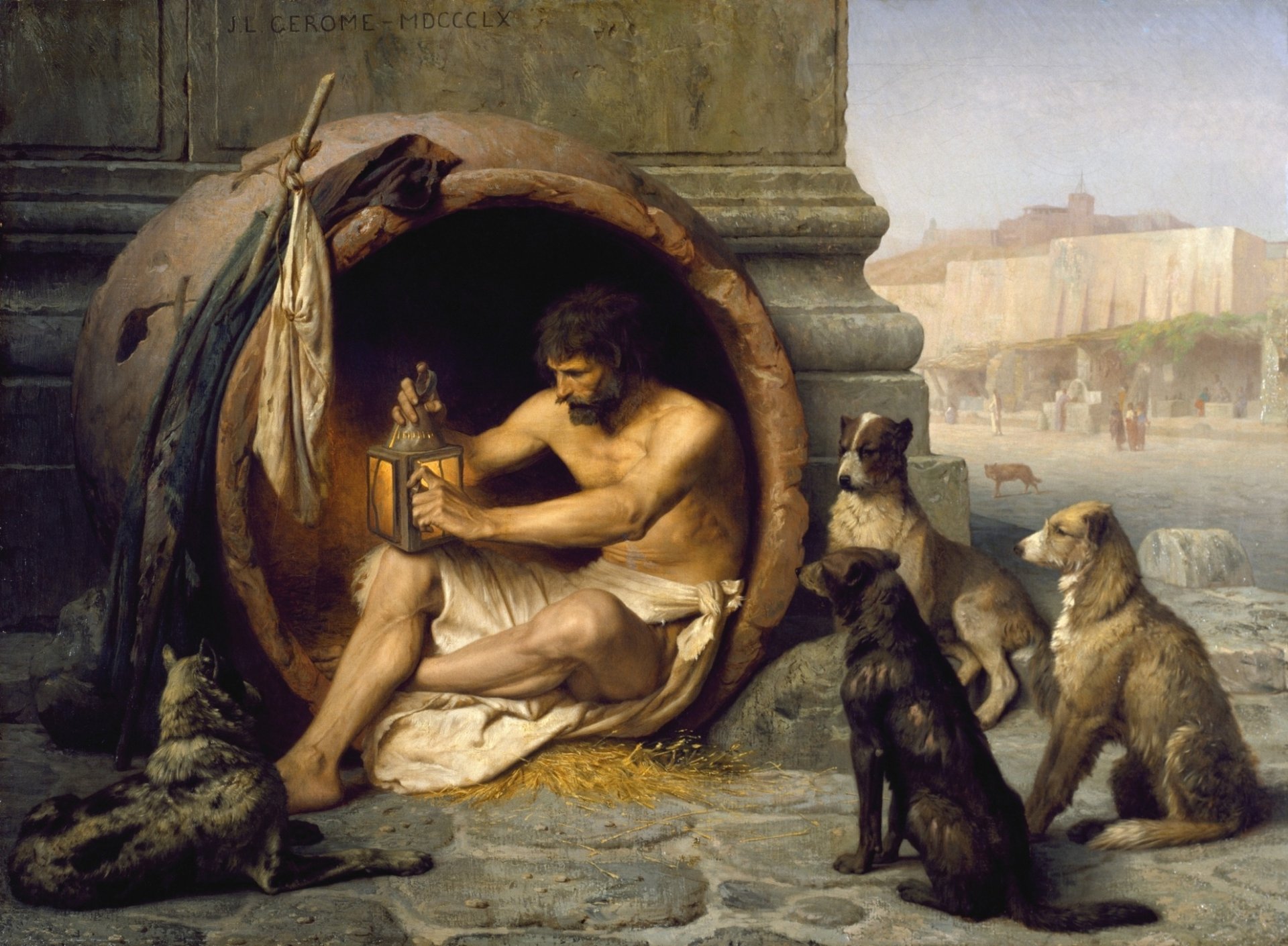 diogène chien homme peinture peinture sage ascète penseur clochard philosophe mendiant chien rue pythos récipient à vin tonneau bâton bâton lanterne lumière à la recherche d un homme ne me bloquez pas le soleil