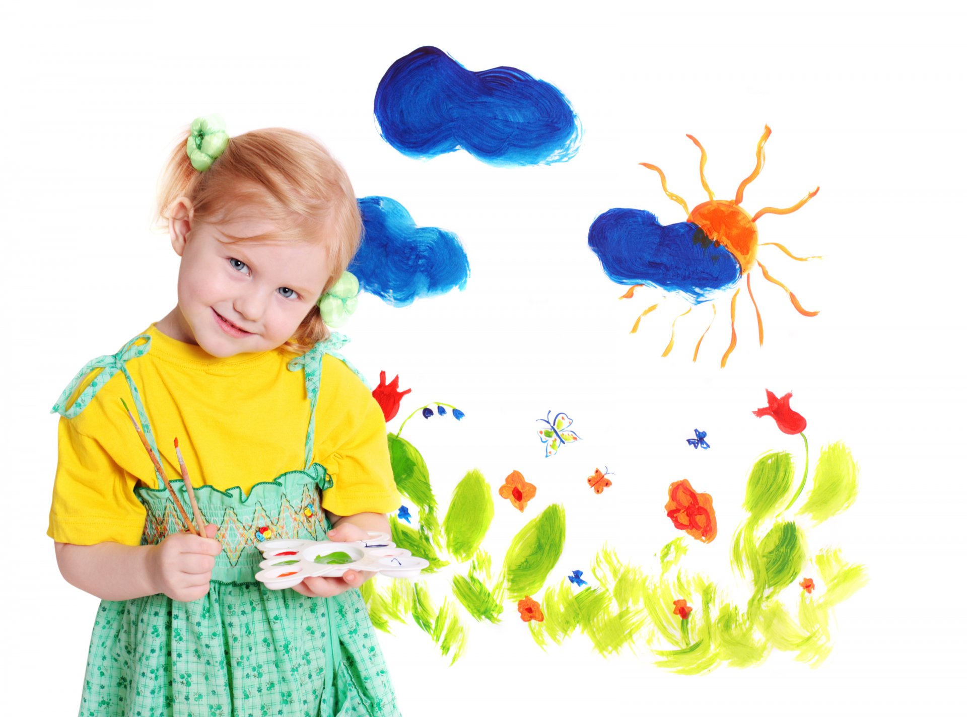 girl pretty blue eyes happiness cute attract artist colors joy little girl beautiful beautiful cute happiness draw drawing joy sun flowers clouds painting about