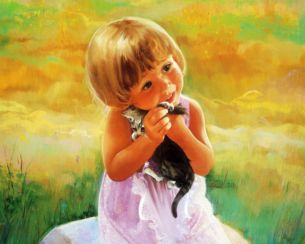 fille enfant chaton dessin peinture