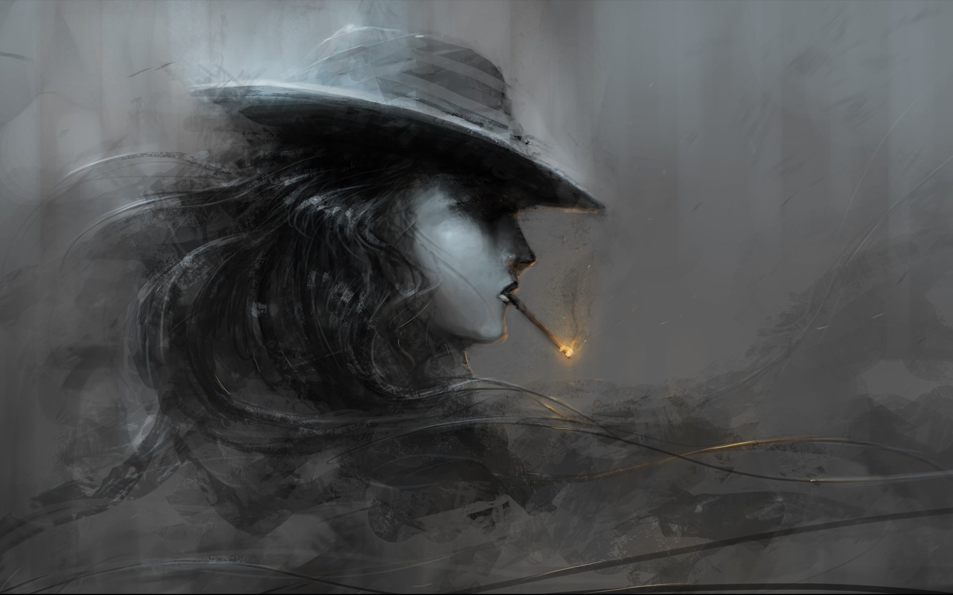 art profil chapeau fille cigarette noir et blanc feu