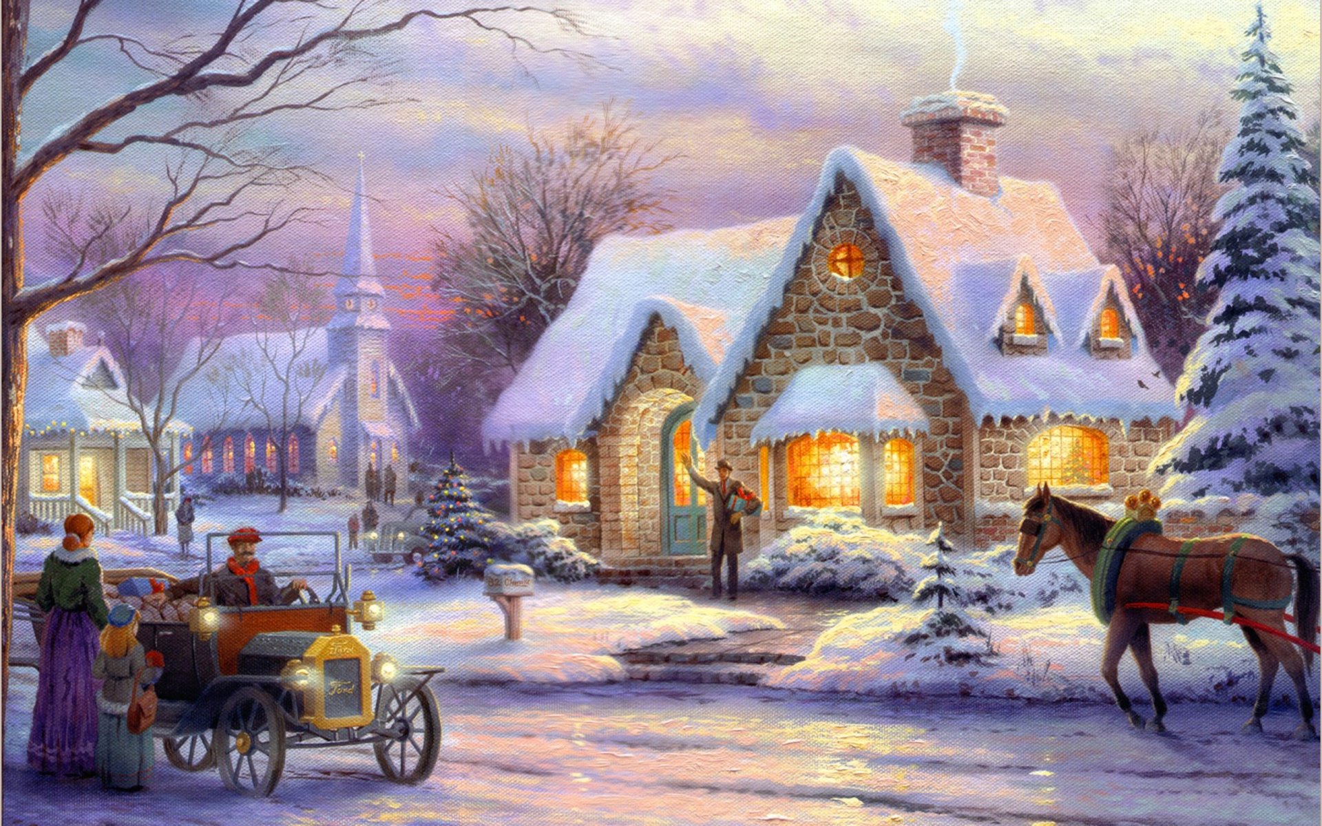 thomas kincaid memories christmas art painting winter snow cottage christmas new year winter town cottages christmas trees mailbox box room light in the windows car retro horse horse people greeting congratulation