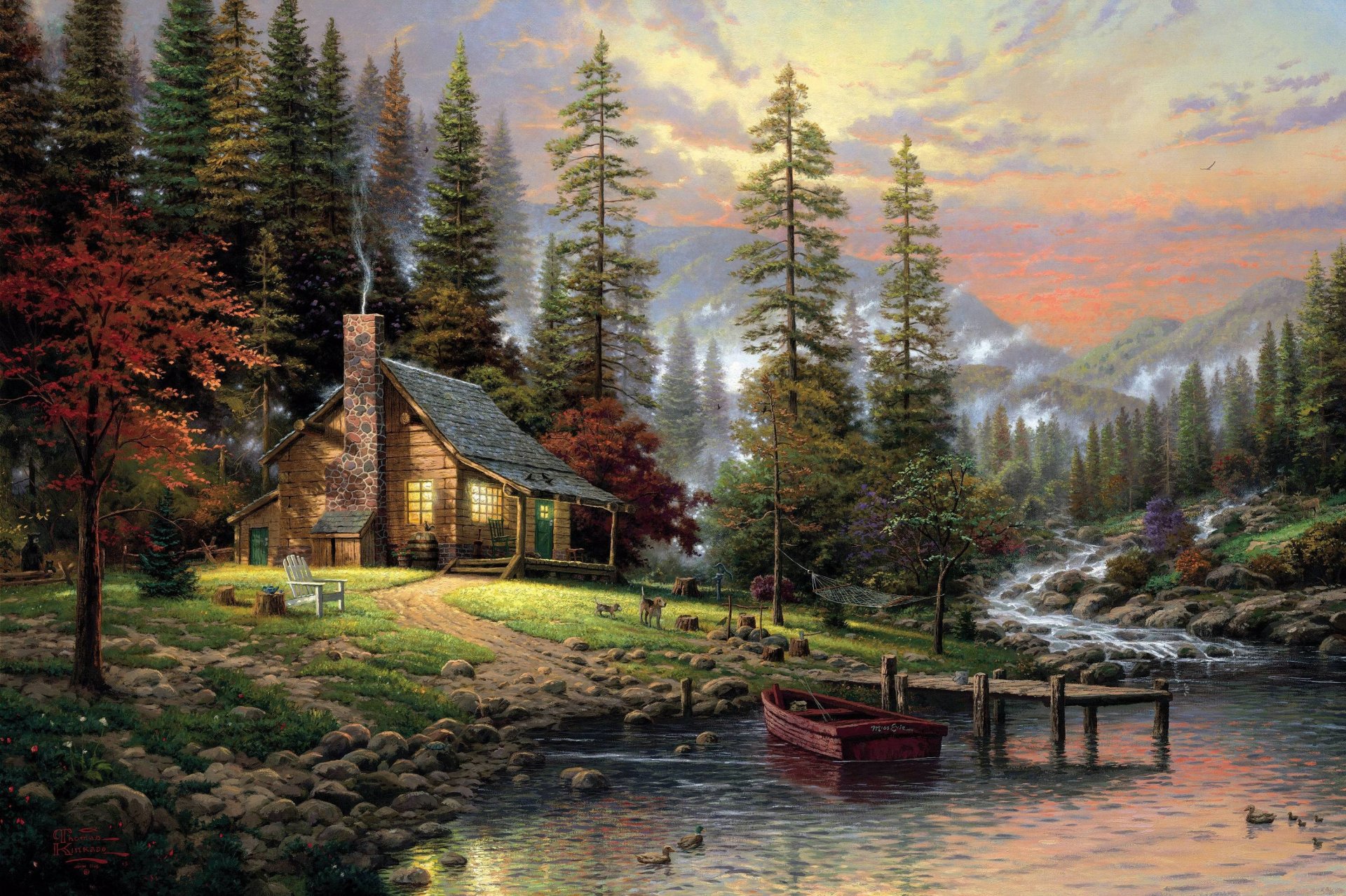 peaceful retreat thomas kincaid forest house dogs painting quiet corner chair barrel squirrel dogs gomak spruce fog mountain river wooden bridge stones boat hemp painting paintings drawing drawings art