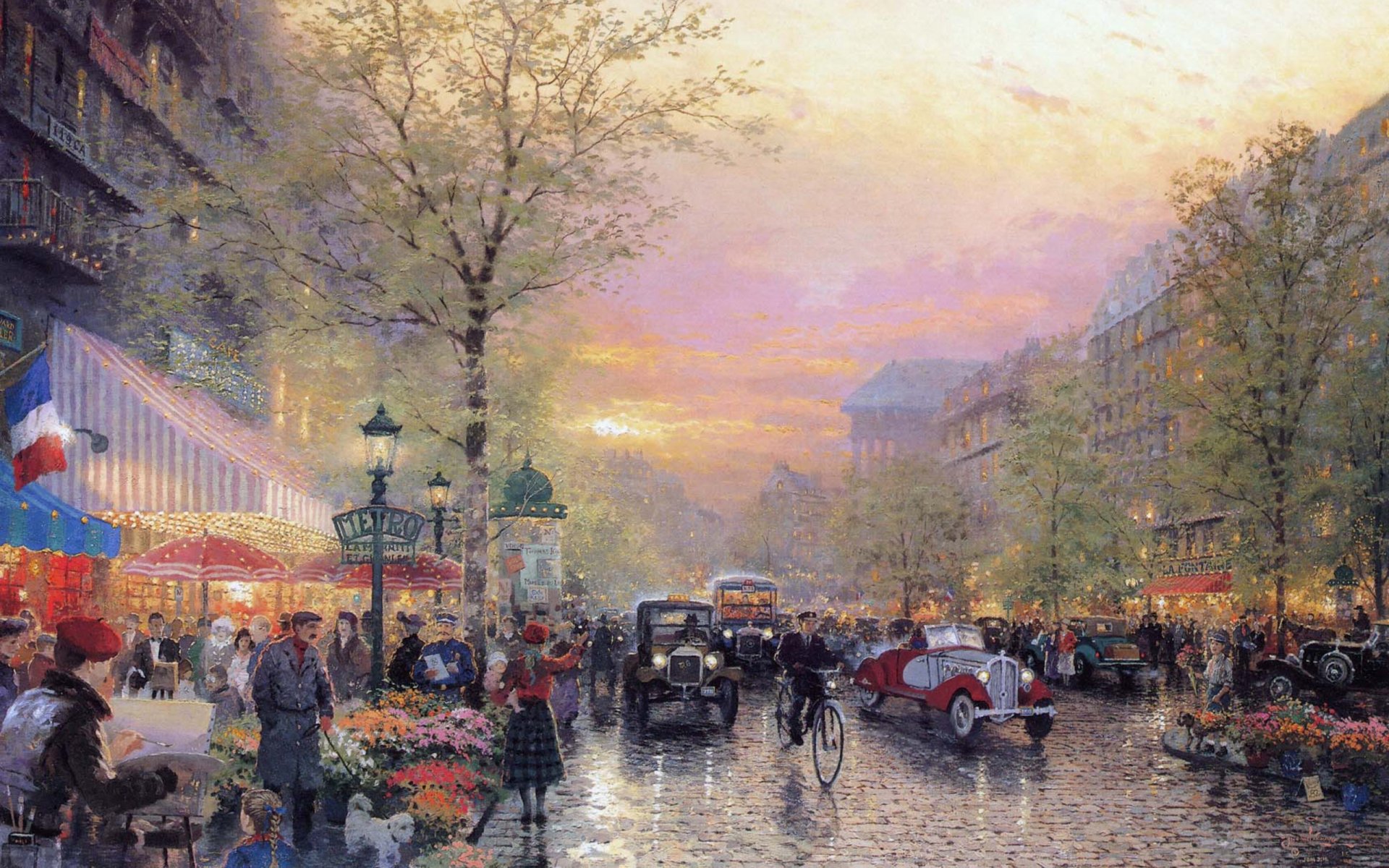 paris city of lights le boulevard lumiere at dusk thomas kincaid art painting france city boulevard cars art deco lanterns flag signpost metro lights flowers people artist cars retro art deco