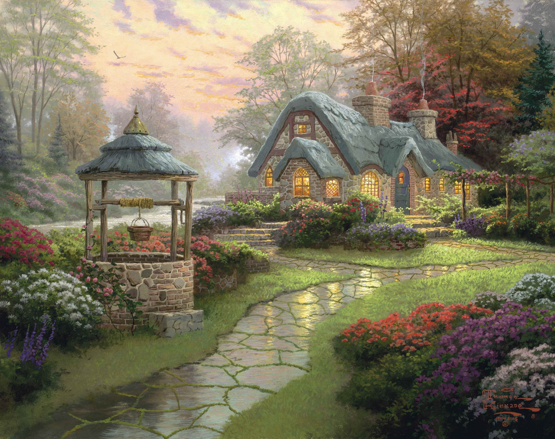 paysage thomas kincaid faire un vœu cottage peinture forêt fleurs chalet passerelle puits