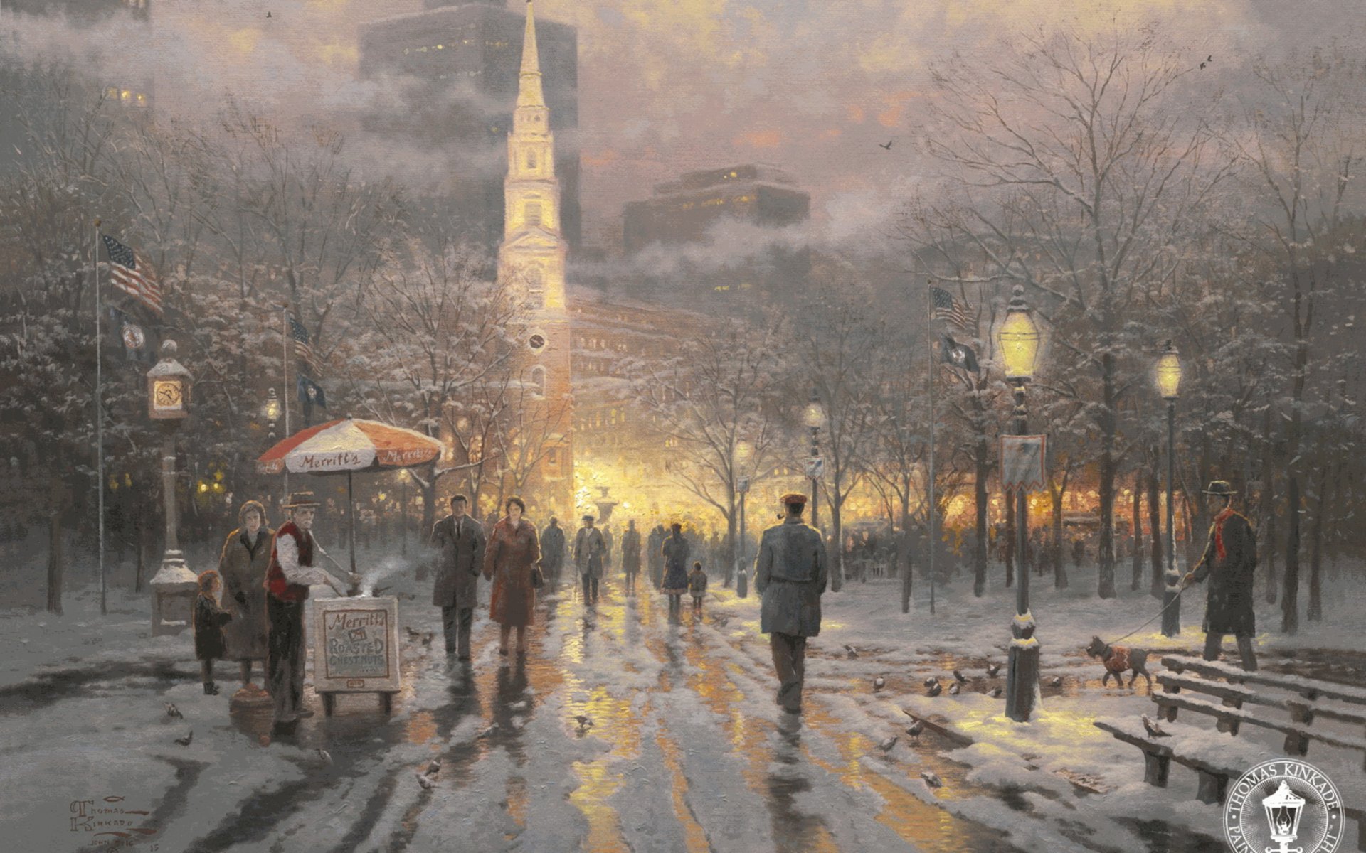 boston vacaciones thomas kincaid arte aves boston edificio ciudad perro estados unidos bandera linternas pintura parque hombre nieve invierno invierno metrópolis edificios