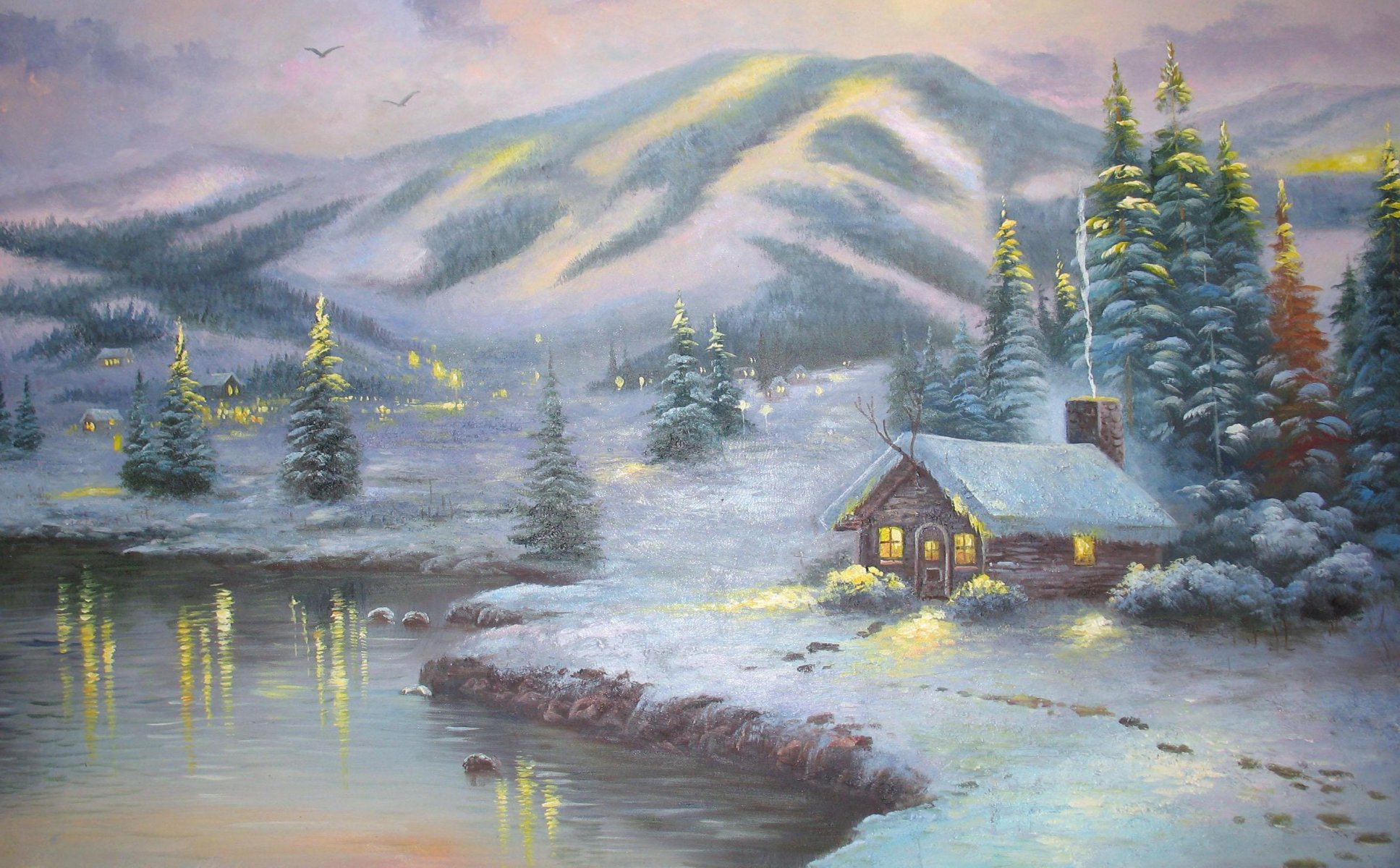 thomas kincaid peinture olympic mountain evening peinture paysage hiver hiver neige montagne cabanes lac soirée lumières sapin