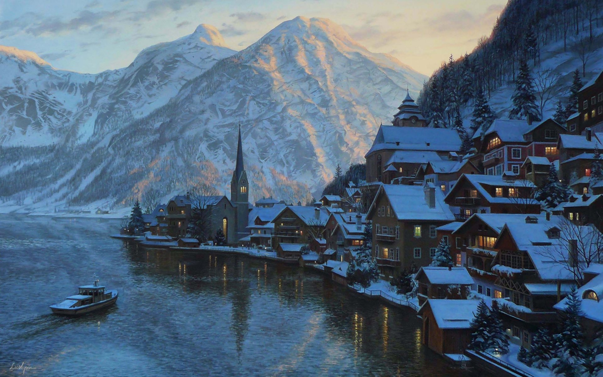 eugeny lushpin hallstatt painting alps austria lushpin town village lake mountain mountains evening salzburg hallstätter see lake hallstatt houses chapel boat sunset evgeniy lushpin landscape winter snow house the ch