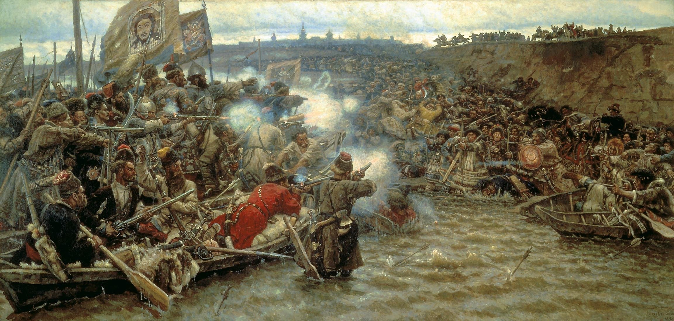 la conquête de la sibérie par ermak surikov histoire bateaux rivière eau fusils fumée drapeaux liens icônes