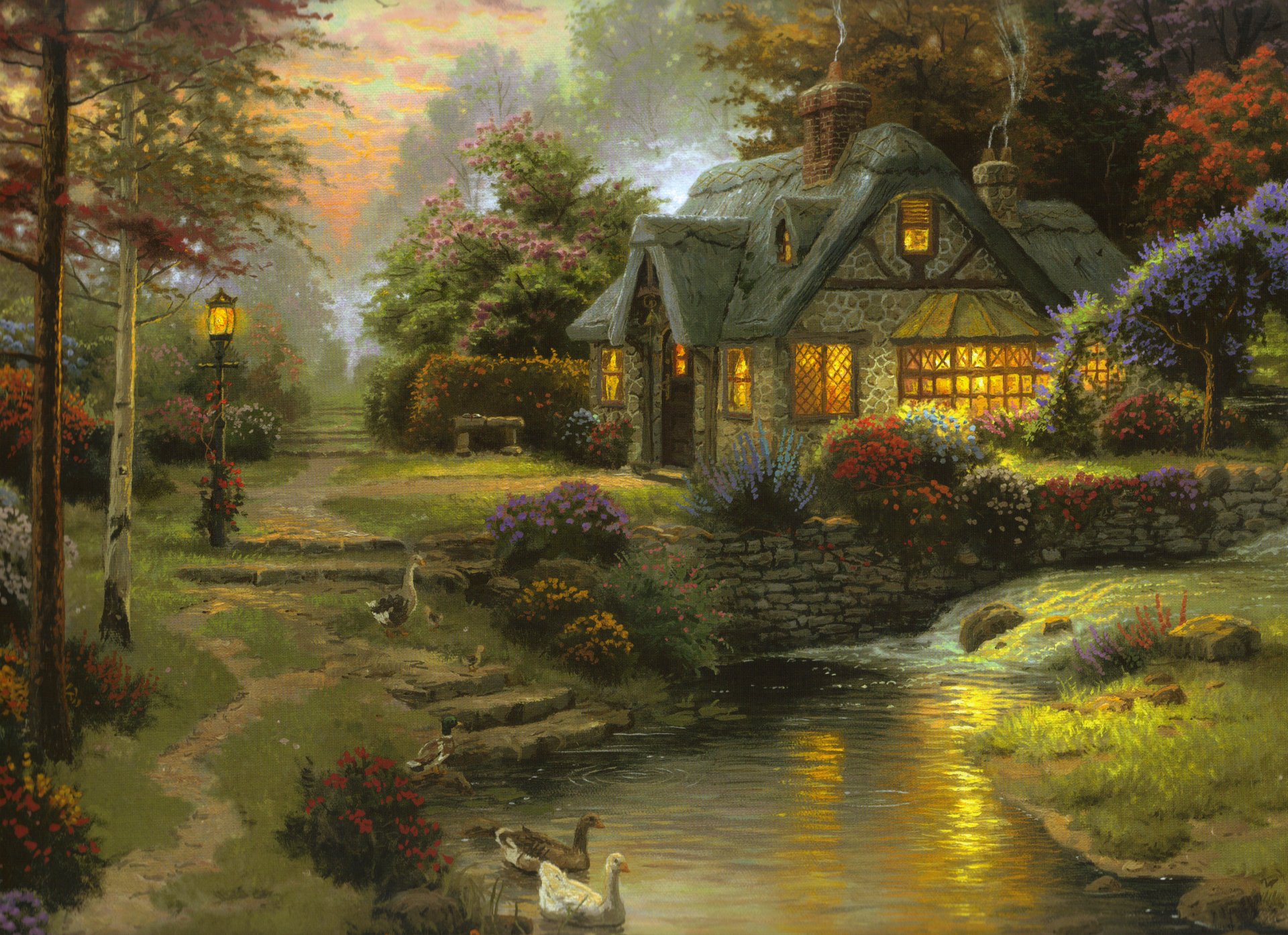 casa de tillwater thomas kincaid pintura arte casa de campo verano río tarde puesta de sol banco gansos