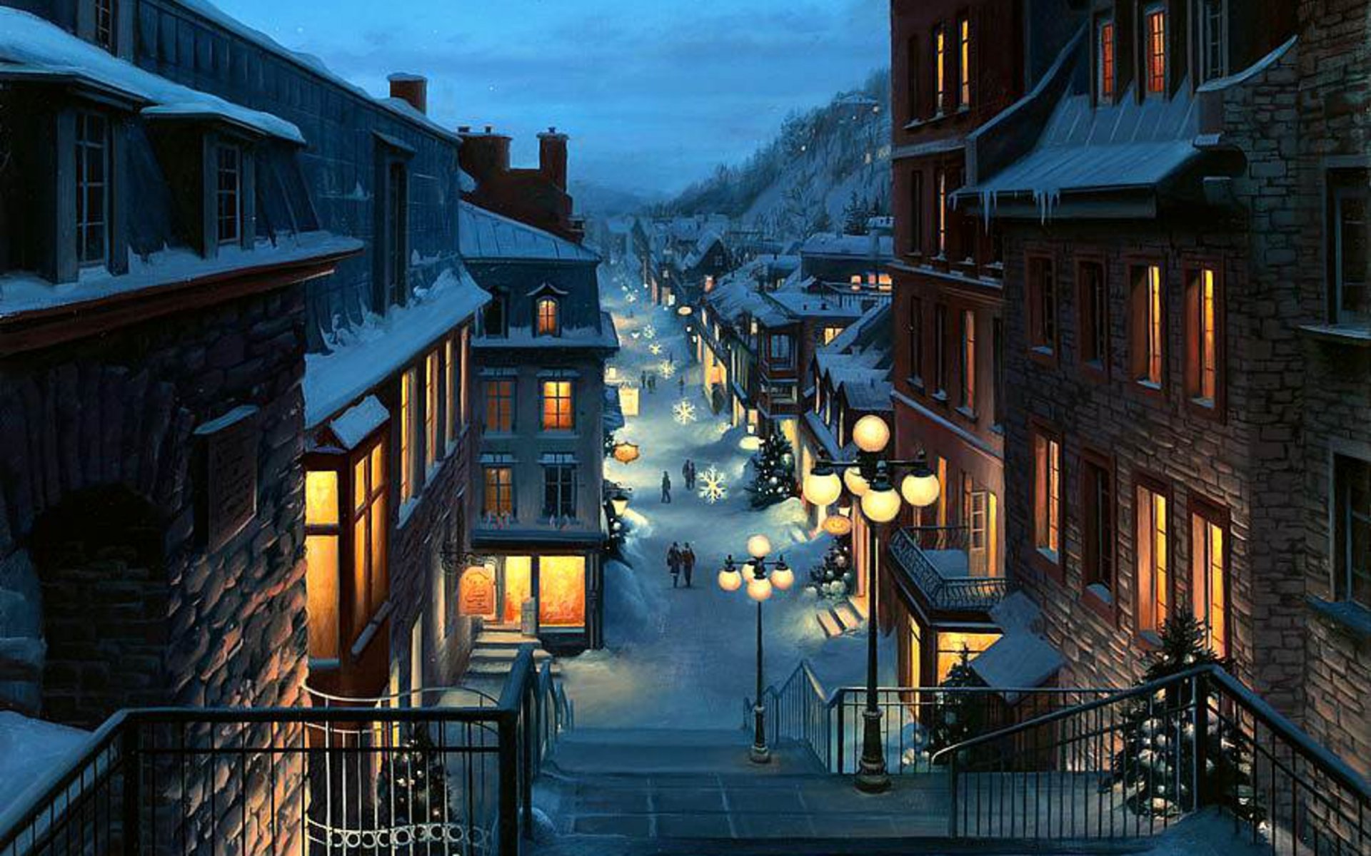 old quebec eugene lushpin painting christmas christmas trees evening lanterns winter snow city quebec canada canadian province houses street side of the street eugene lushpin lushpin landscape province el