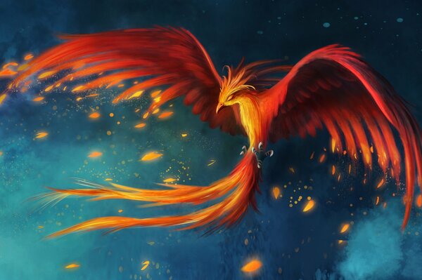 Bel oiseau de feu ou Phoenix planant