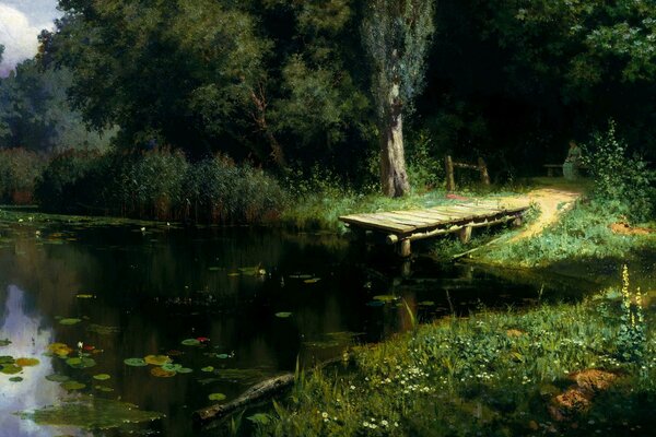 Polenov s painting, green pond, water lilies