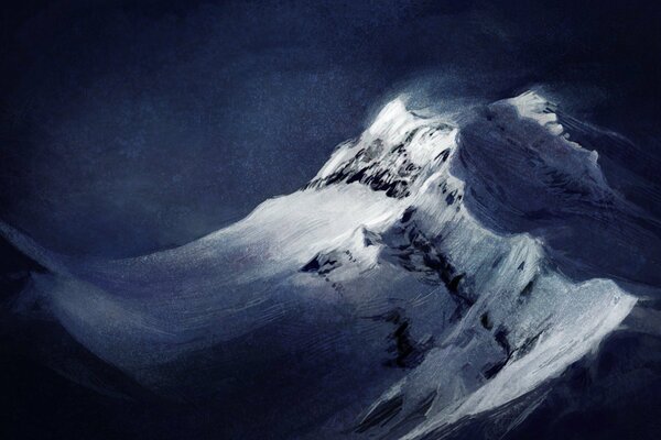 A snow-covered rock illuminated by soft moonlight