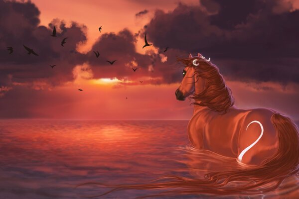 A red horse stands in a river red from sunset