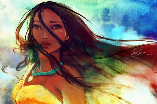 Pocahontas with flowing hair in the wind
