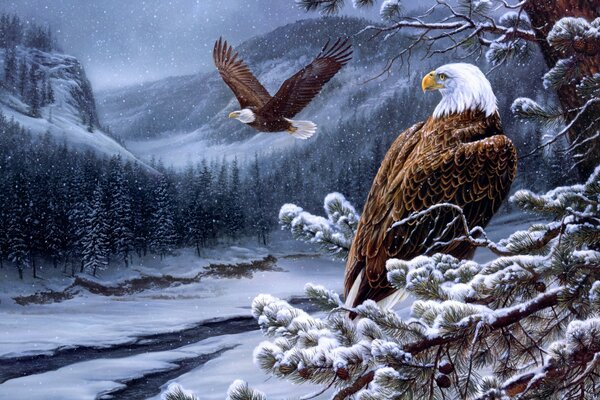 Wild eagles among the winter forest and river