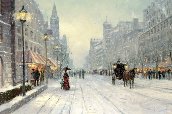 Pittura invernale Twilight City Street