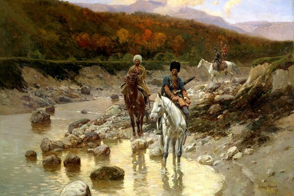 Pintura de cosacos en un río de montaña