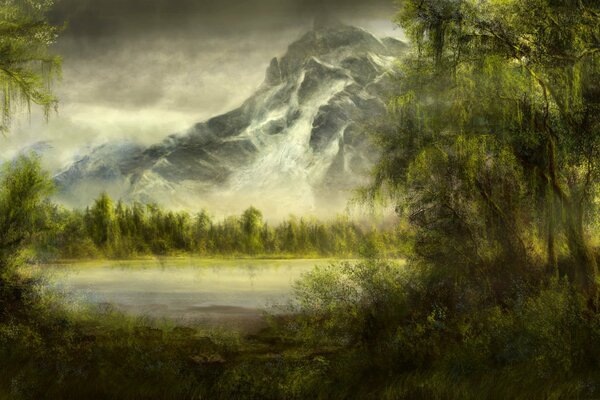 Leśne jezioro pod wierzba art painting