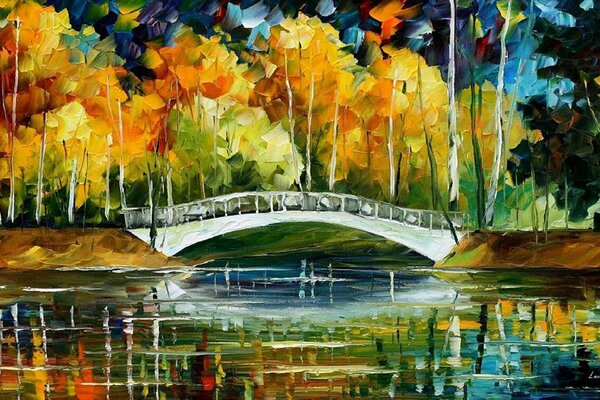 Ponte Bianco in autunno. Pittura A Olio