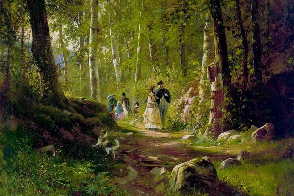 Il Dipinto Di Shishkin. Persone che camminano nella foresta